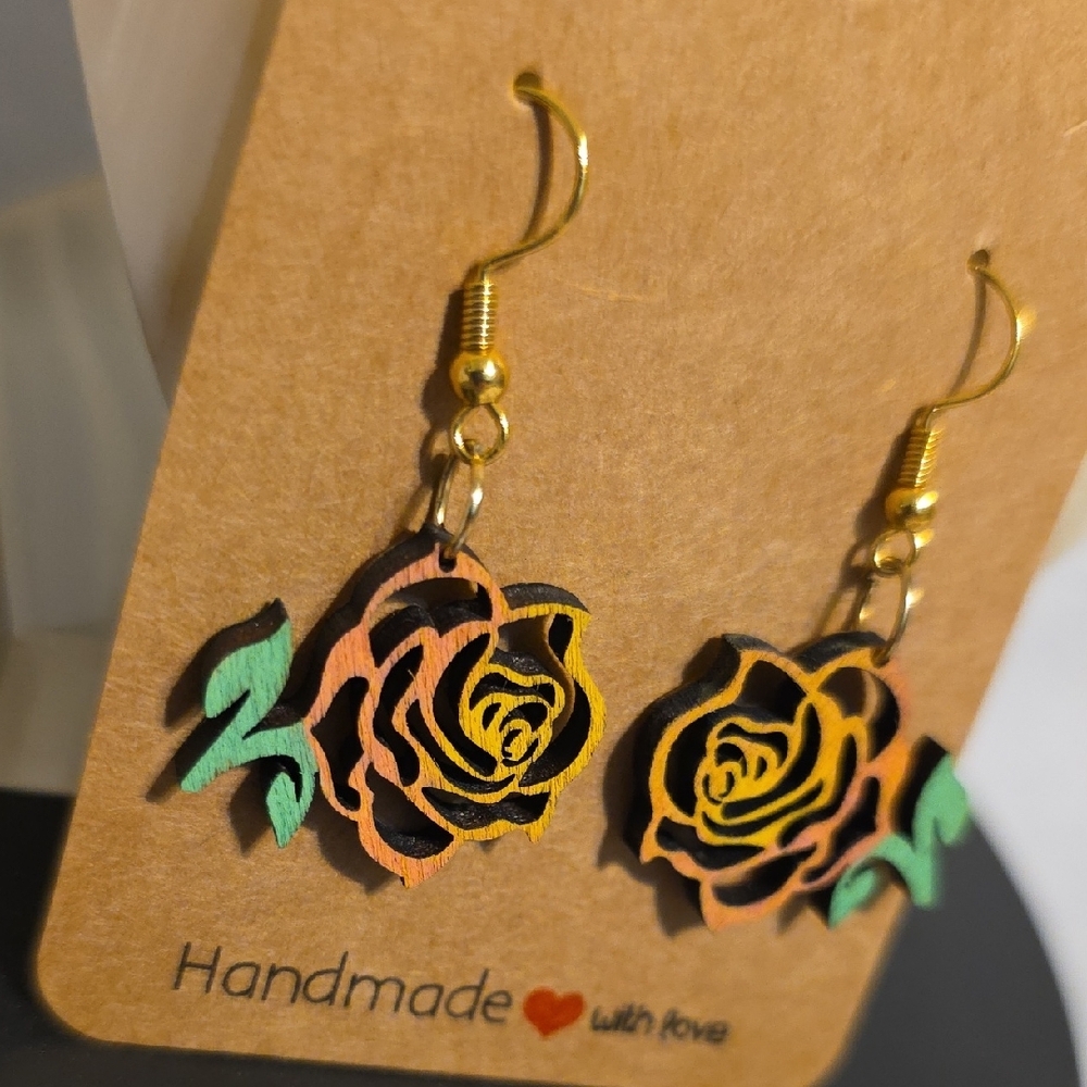 Handmade Rose Earrings with Gold and Green Accents - Picture 2 of 5